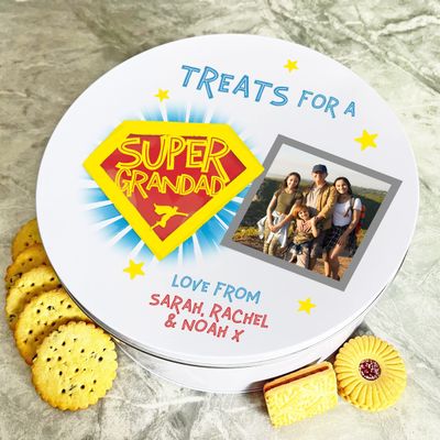 Fingerprint Designs Super Grandad Photo Hero Round Personalised Gift Biscuit Sweets Treat Tin