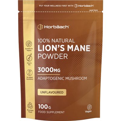 Lion's Mane Mushroom Powder - 100% Pure | High Strength 3000mg / Serving | Vegan | for Coffee & Tea | Mushroom Supplement | 100g Lion's Mane Powder | Horbaach
