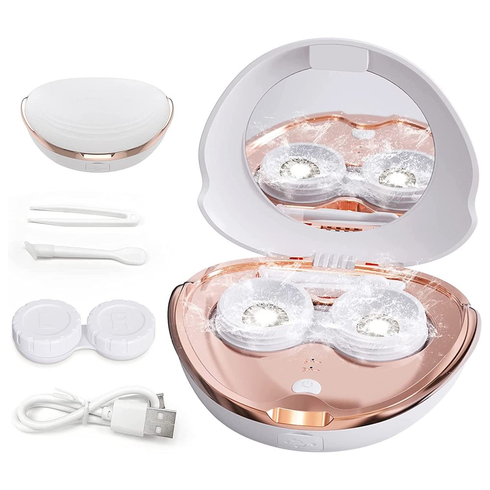 MORATER Ultrasonic Contact Lens Cleaning Machine,2 Modes High Frequency Vibration 360 Cleaning Portable Automatic Cleaner with Ultrasonic Eye Contact Lenses Cleaner with Cosmetic Mirror (White)