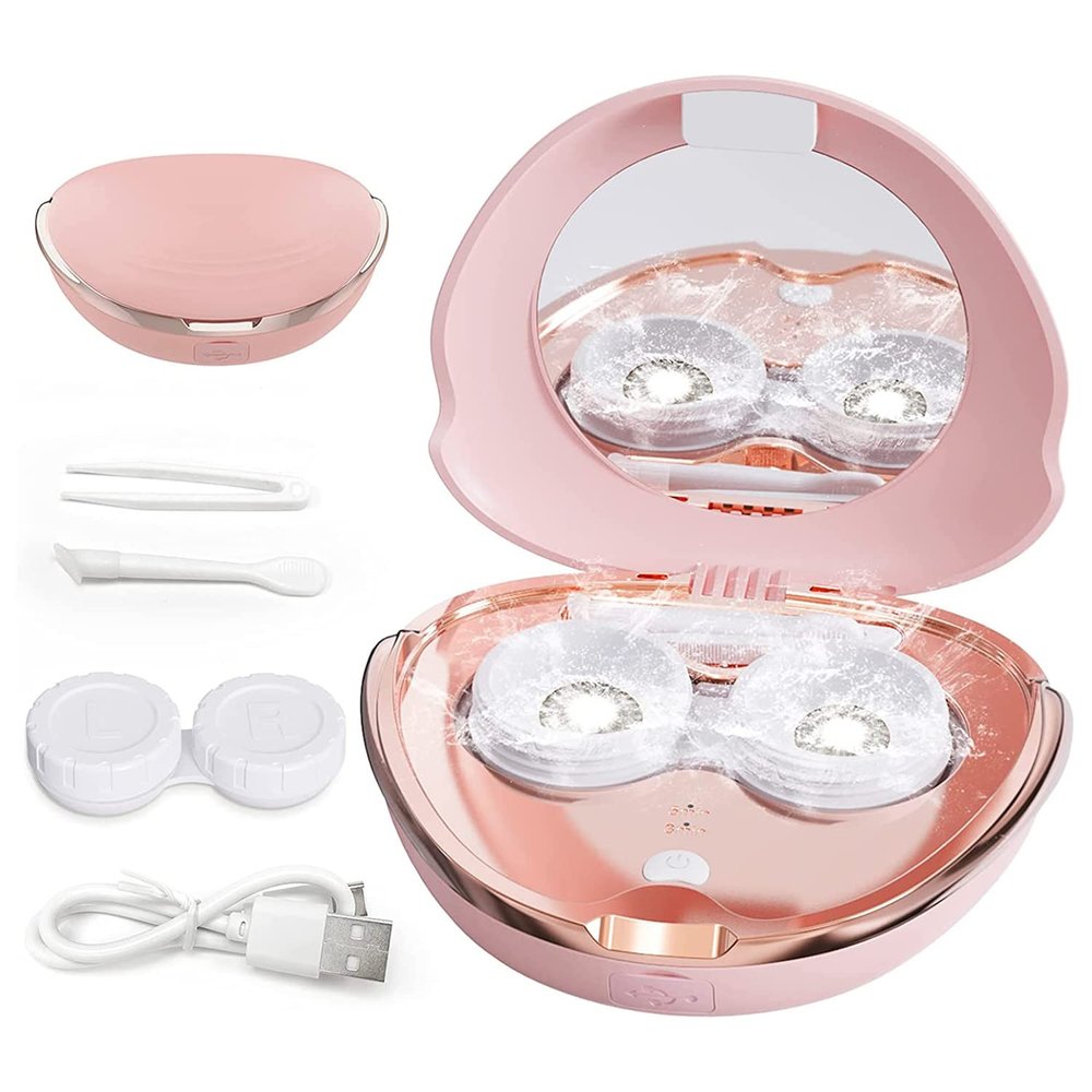 MORATER Ultrasonic Contact Lens Cleaning Machine,2 Modes High Frequency Vibration 360 Cleaning Portable Automatic Cleaner with Cosmetic Mirror (Pink)