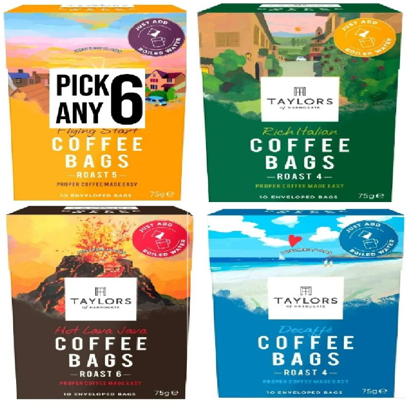 Taylors Coffee Bags (Each Pack 10 Bags). Pick Any 6 from 4 Flavours Inc. Rich Italian, Hot Lava Java, Decaffe and Flying Start. (Total 60 Bags)