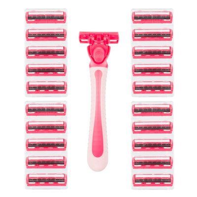 Invero 21 Pack of Ladies Three Blade Razor Set - Triple Stainless Steel Razor Blades with Comfort Lubricating Strips & Contour Movable Replaceable Heads - Suitable for Shaving All Areas of The Body