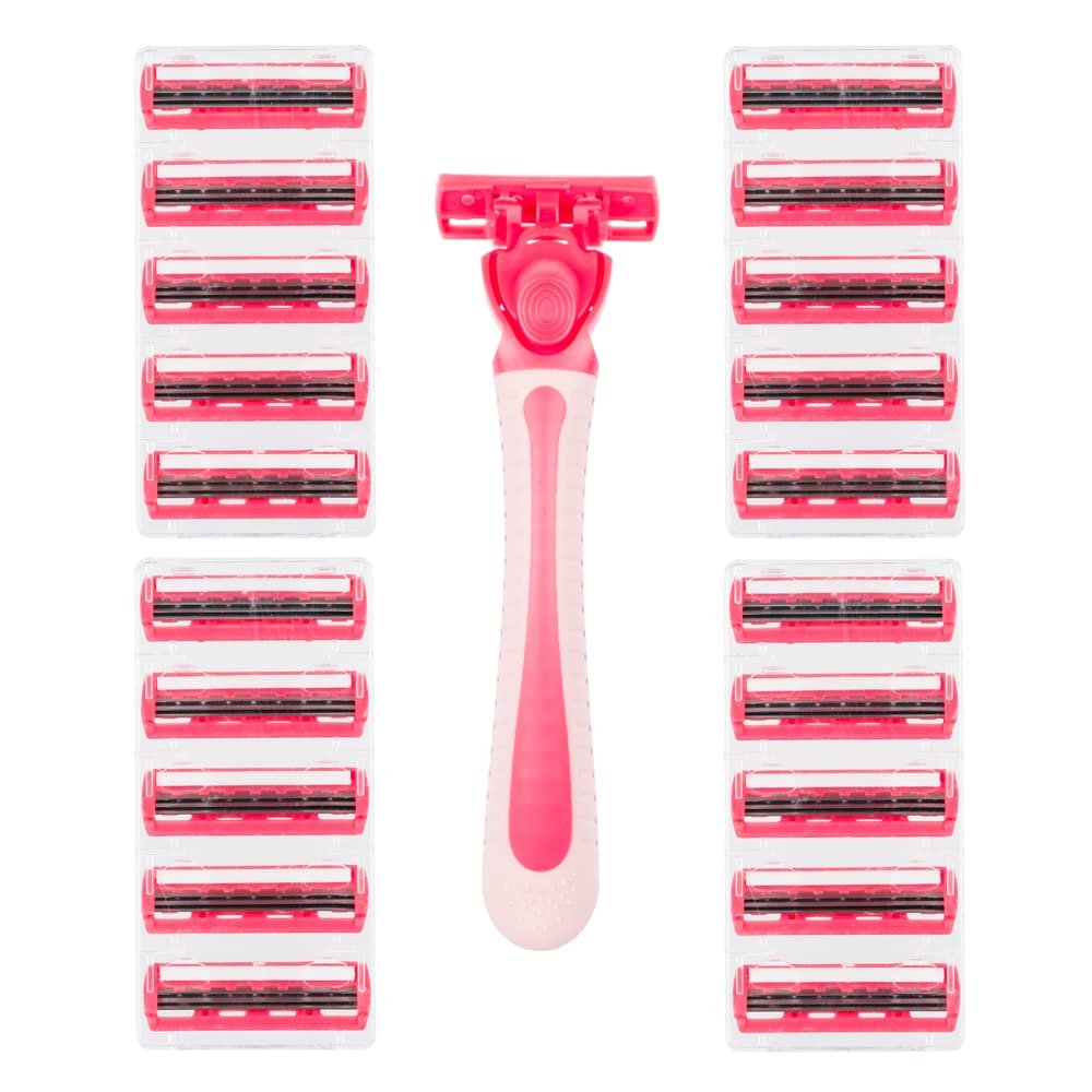 Invero 21 Pack of Ladies Three Blade Razor Set - Triple Stainless Steel Razor Blades with Comfort Lubricating Strips & Contour Movable Replaceable Heads - Suitable for Shaving All Areas of The Body