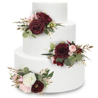 Rinlong Pre-made 3Pcs Cake Toppers Burgundy Flowers Cake Decorations Wedding Cake Decorating Flowers Decor Birthday Baby Shower Party Christening Christmas Cake Toppers