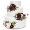 Rinlong Pre-made 3Pcs Cake Toppers Burgundy Flowers Cake Decorations Wedding Cake Decorating Flowers Decor Birthday Baby Shower Party Christening Christmas Cake Toppers view 1