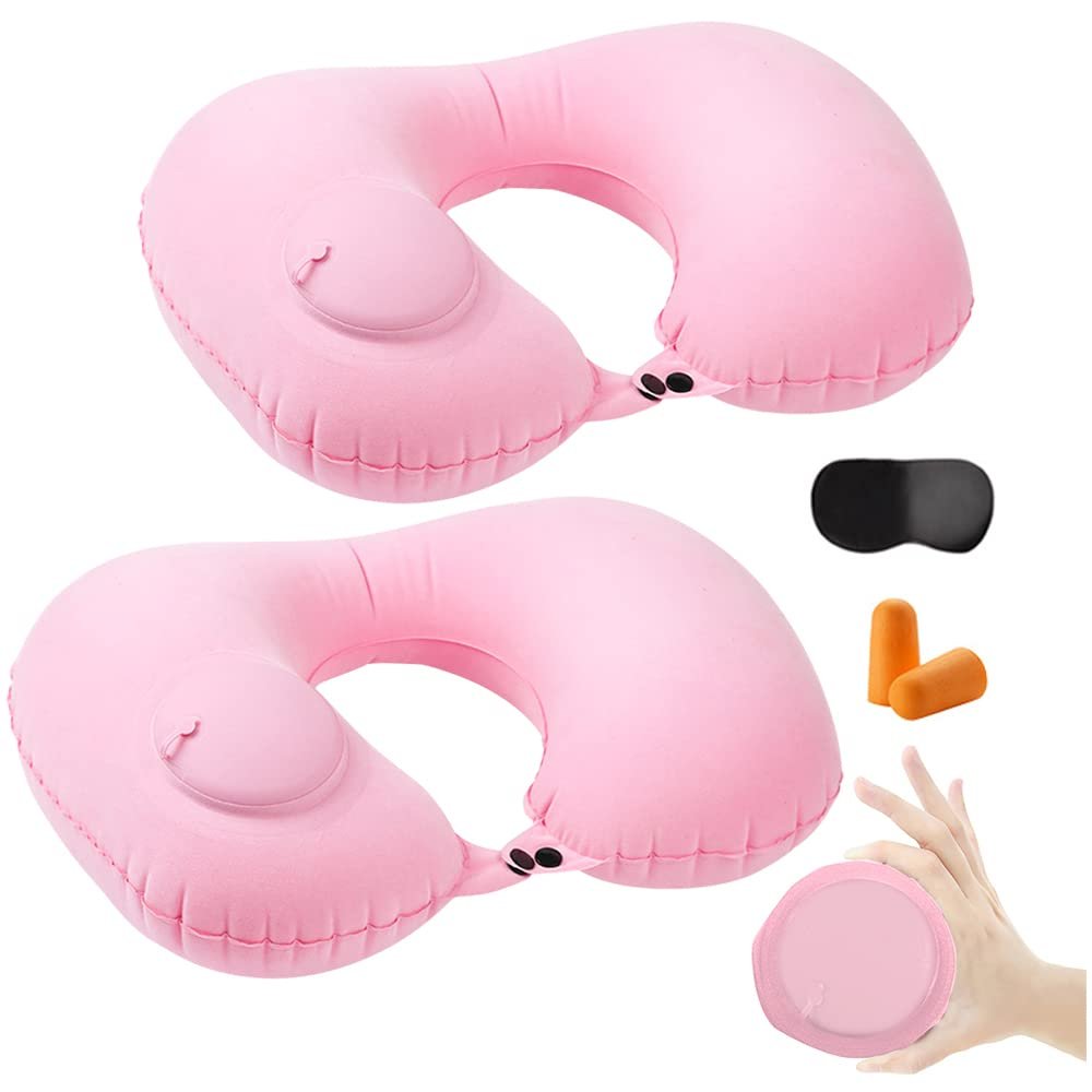KLERICER 2PCS Inflatable Travel Pillow, Adjustable Inflatable Neck Pillow, Portable Fast Inflatable Pillow U-Shaped with Eye Mask,Earplug and Carry Bag, for Airplanes,Traveling,Lumbar Support (Pink)