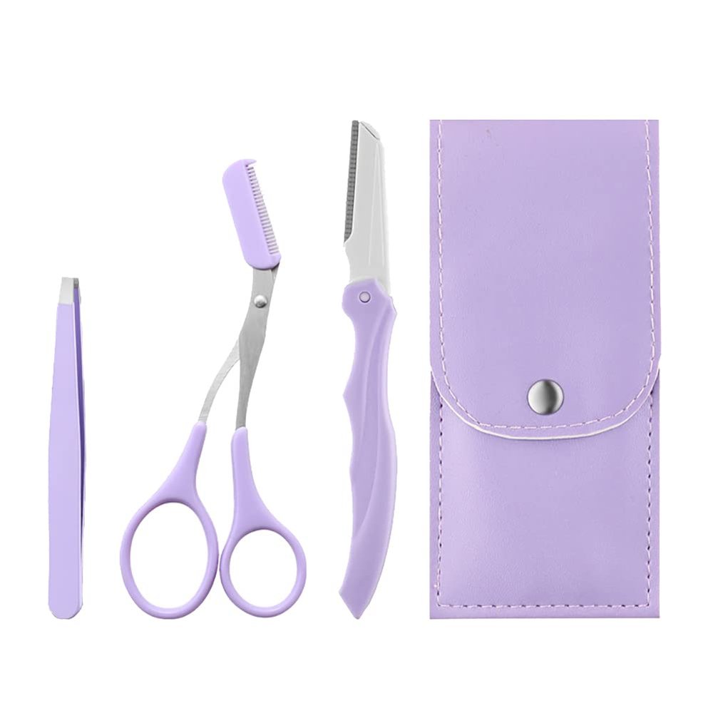 UUYYEO 3 Pcs Eye Brow Scissor Eyebrow Removal Tweezer Eyebrow Trimmer Razor Facial Hair Shaper Eyebrow Trimming Tool with PU Leather Case