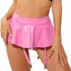 Agoky Womens Wet Look Patent Leather Ruffle Miniskirt Thongs Garter Belts Metal Clips Clubwear Hot Pink 3XL view 2