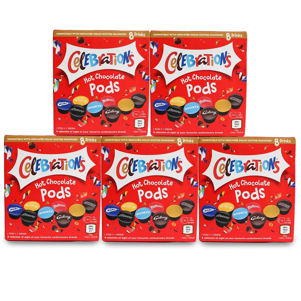 Celebrations Dolce Gusto Compatible Hot Chocolate Pods - Mars, Bounty, Snickers, Galaxy, Malteser, Milky Way & Galaxy Caramel (40)