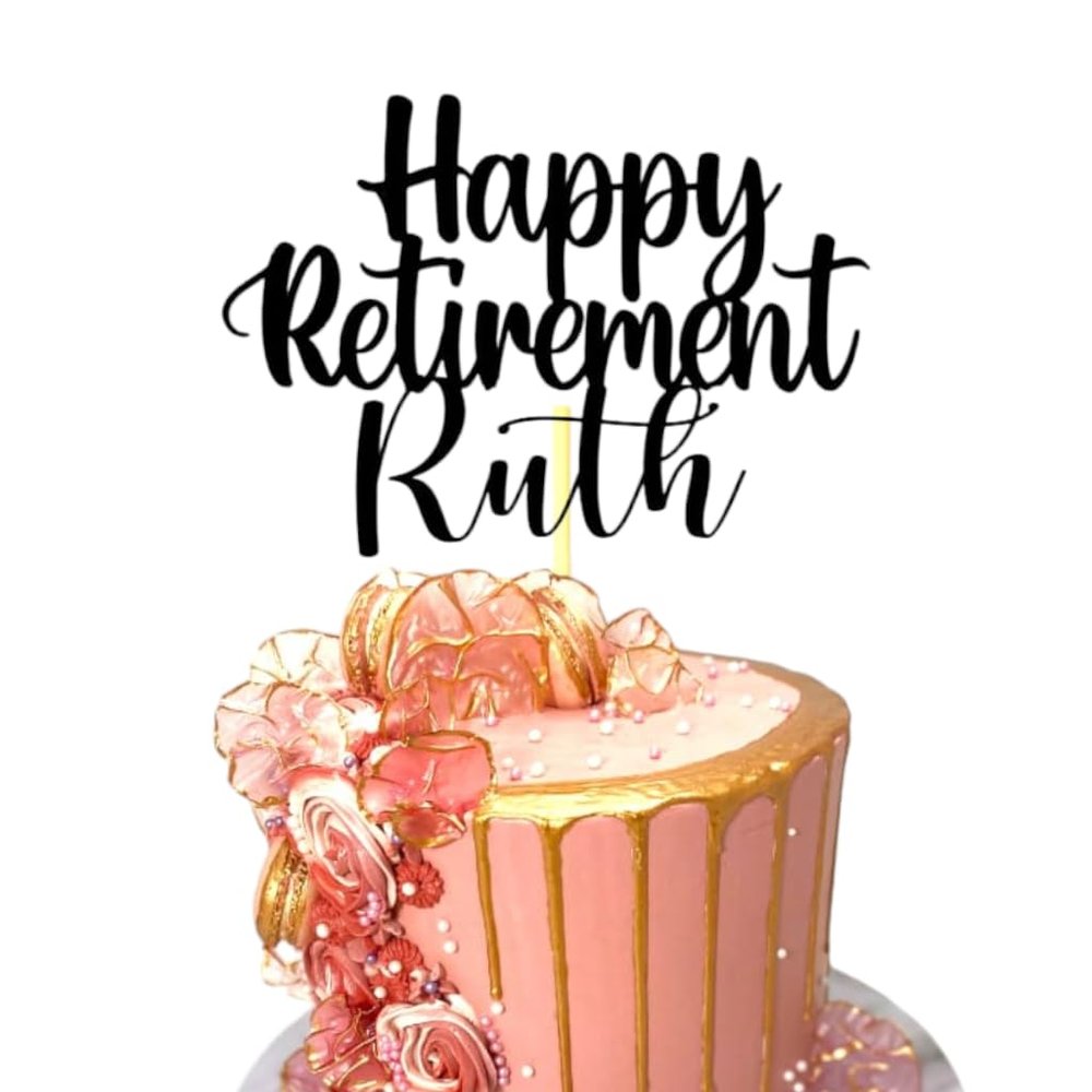 Personalised Happy Retirement Cake Topper, By 3 Little Desserts, Double Sided Glitter Card Toppers (STYLE 2, BABY PINK)