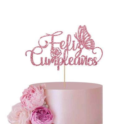 Rose Gold Spanish Feliz Cumpleaos Cake Topper for Birthday Party Decor, Butterfly Happy Birthday Cake Topper, Glitter Spanish Birthday Party Decoration Supplies