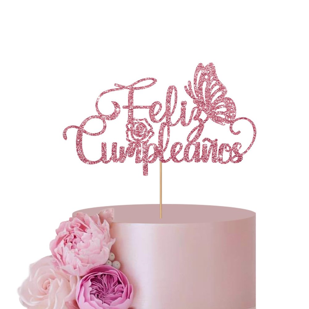 Rose Gold Spanish Feliz Cumpleaos Cake Topper for Birthday Party Decor, Butterfly Happy Birthday Cake Topper, Glitter Spanish Birthday Party Decoration Supplies