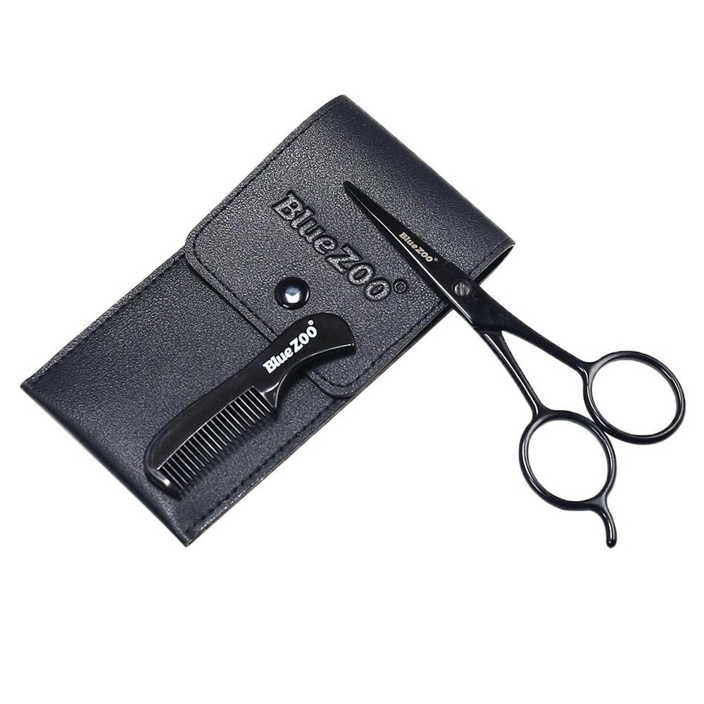 barenx Men Beard Scissors Mustache Grooming Styling Comb Set with PU Leather Bag, Suit for Home or Travel - Black