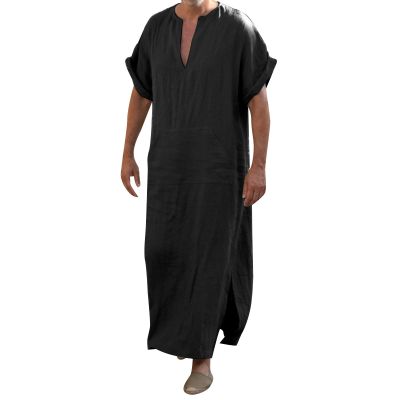 Muslim Dresses Men's Kaftan Men's Abaya Muslim Arabic Islamic Clothing 3/4 Sleeve V-Neck Stripe Print Loose Long Thobe, B Black, L
