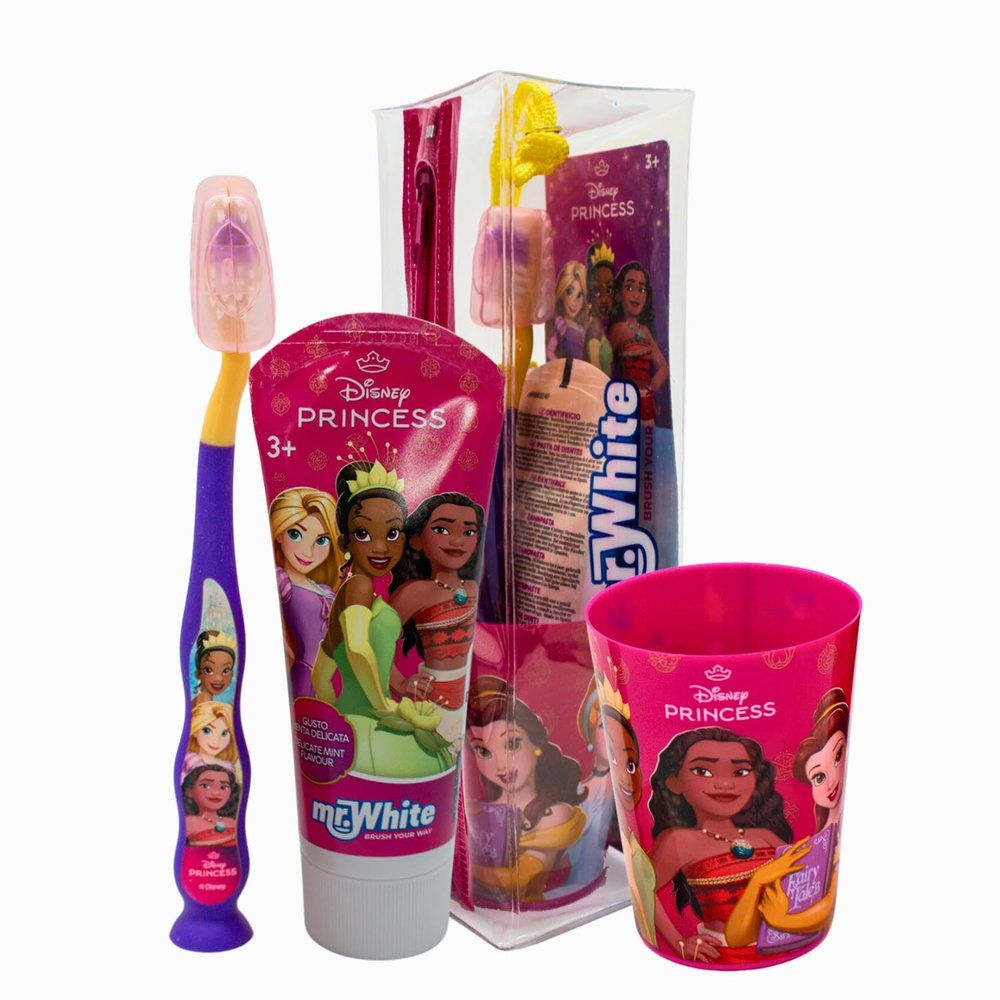Disney Princess Kids Toothbrush Set - Soft-Bristle Toothbrush with Suction Cup & Protective Cap, Mint-Flavoured Toothpaste, and Multi-Purpose Beaker | Travel-Ready Oral Care Kit for Children Ages 3+