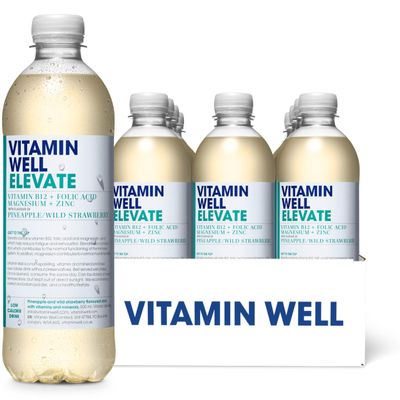 Vitamin Well Pineapple & Wild Strawberry Flavouredwater Enriched with Vitamin B12, Folic Acid, Magnesium, Zinc, Low Calorie  12 x 500m (ELEVATE)