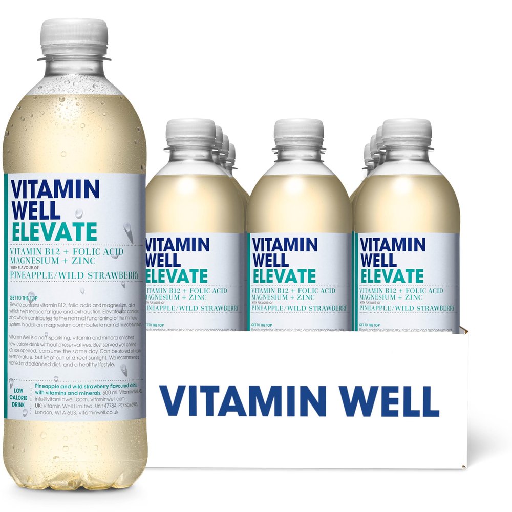 Vitamin Well Pineapple & Wild Strawberry Flavouredwater Enriched with Vitamin B12, Folic Acid, Magnesium, Zinc, Low Calorie  12 x 500m (ELEVATE)