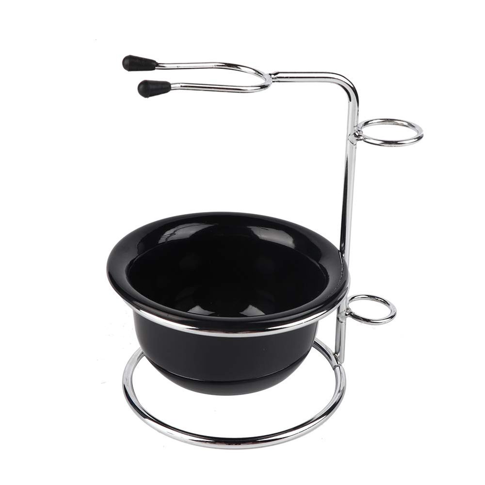 2 in 1Mens Shaving Set, Stainless Steel Shaving Brush Stand with Bowl, Shaving Brush Stand Holder and Black Shaving Bowl Set