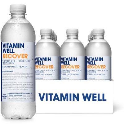 Vitamin Well Elderflower & Peach Flavouredwater Enriched with Vitamin B12, Folic Acid, Magnesium, Low Calorie, Vitaminwater 12 x 500ml (RECOVER)