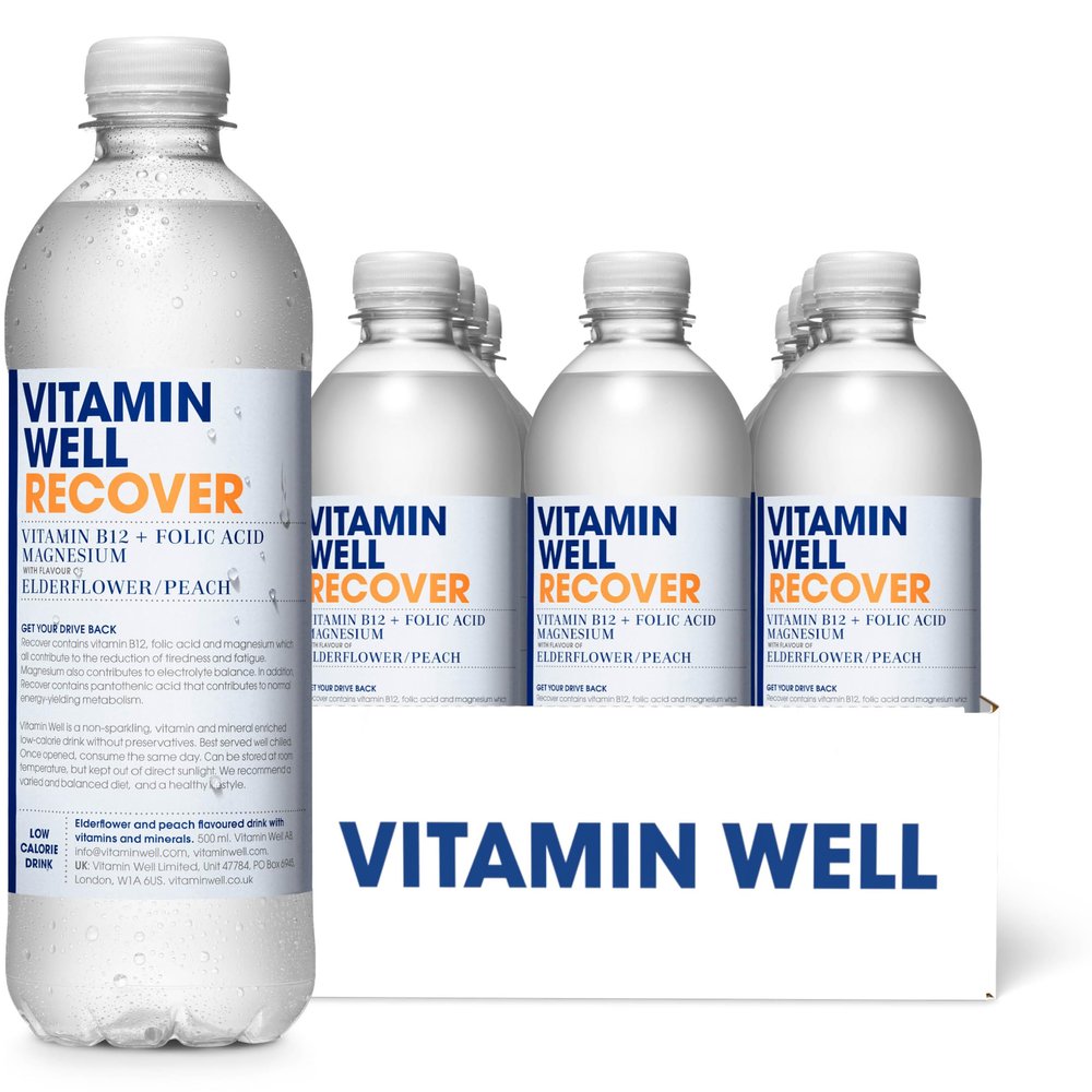 Vitamin Well Elderflower & Peach Flavouredwater Enriched with Vitamin B12, Folic Acid, Magnesium, Low Calorie, Vitaminwater 12 x 500ml (RECOVER)