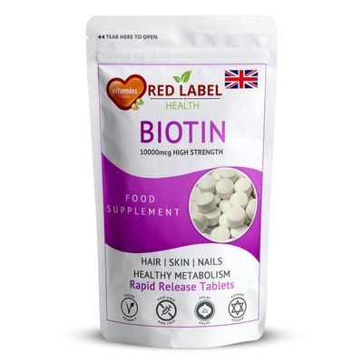 Red Label Health Biotin 10000mcg for Shiny Hair, Skin Glow & Nail Strength Vitamins Supplement 90 Tablets (3 Months Supply) Supports Energy, Metabolism & Vitality Vegan, Vegetarian & Non-GMO