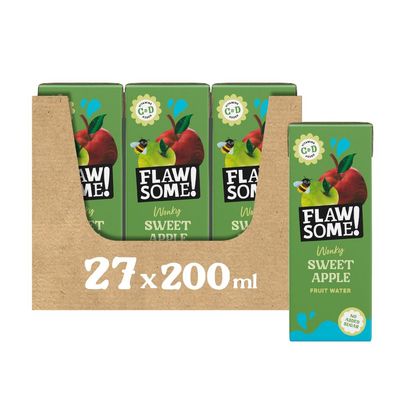 Flawsome! Sweet Apple Wonky Fruit Water | Pressed Apple Juice (75%), Still Water, Iron, Vitamins C and D | 200ml x 27 Pack Cartons | School Approved - No Added Sugar - Perfect for lunch boxes