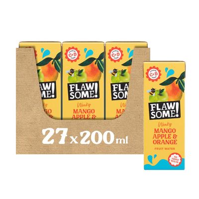 Flawsome! Apple, Mango & Orange Wonky Fruit Water | Pressed Juice (75%), Still Water, Iron, Vitamins C and D | 200ml x 27 Pack Cartons | School Approved - No Added Sugar - Perfect for lunch boxes