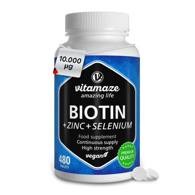 Biotin 10.000 mcg 480 Tablets (+1 Year Supply) with Selenium + Zinc, Hair Growth, Skin and Nails Nourishment, Vegan Easy to Swallow Tablets, German Quality, Vitamaze