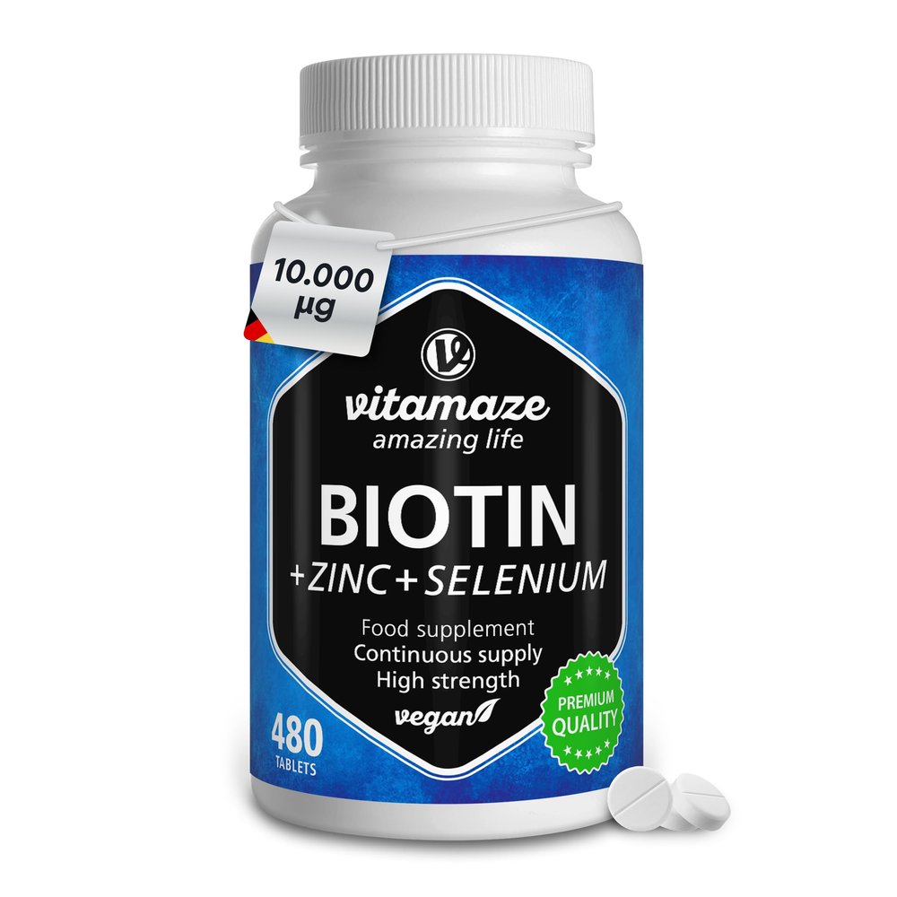 Biotin 10.000 mcg 480 Tablets (+1 Year Supply) with Selenium + Zinc, Hair Growth, Skin and Nails Nourishment, Vegan Easy to Swallow Tablets, German Quality, Vitamaze