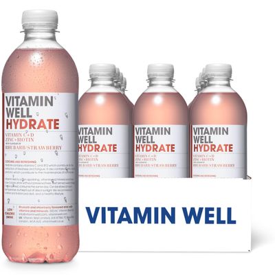 Vitamin Well Rhubarb & Strawberry Flavouredwater Packed with Vitamin C, D, Zinc, Biotin, Low Calorie  12 x 500ml (HYDRATE)