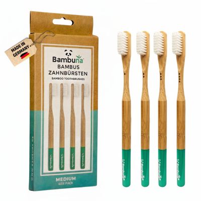 BAMBUNA Bamboo Toothbrushes, 1 x Set of 4, Medium Soft with Subtle Marking, Plastic-Free, Bamboo Toothbrush with Castor Oil Bristles, Made in Germany