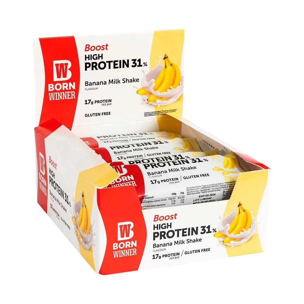 Born Winner Protein Boost Bar - Banana Milkshake 12 x 55g, 17g Protein, Gluten Free