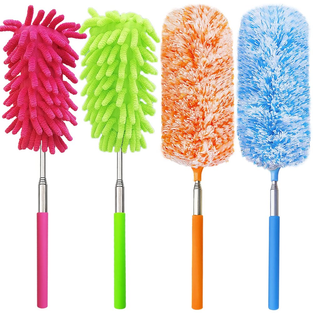 4 in 1 Feather Duster Kit,13" to 30" Extendable Pole and Washable Duster Head, Microfiber Duster for Office, Car, Window, Furniture