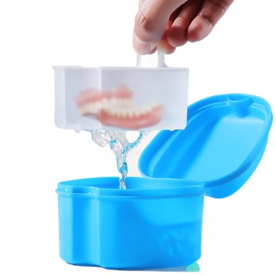 Denture Bath Case Portable Orthodontic Dental Retainer Box False Teeth Storage Container for Denture, Invisalign, Braces, Mouth Guard Travel Cleaning Retainer (Light Blue)