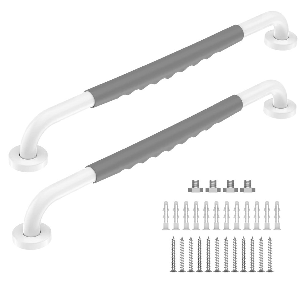 2 Pack White Grab Bar 24 Inch - 1.25 Diameter, Zepolu Stainless Steel Safety Shower Bars w/Anti-Slip Gray Rubber Grip, Bathroom Assist Handle Balance Support Bar Grab Rail for Elderly Senior handicap