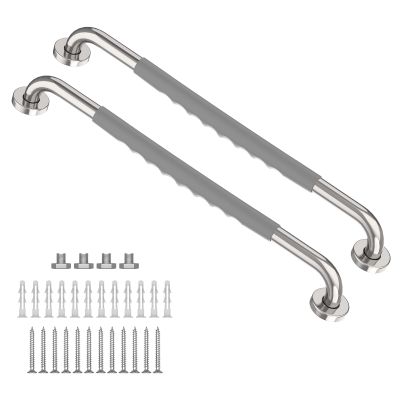 2 Pack Anti-Slip Polished Chrome Bath Grab Bar 24 Inch - 1.25 Diameter, Zepolu SUS304 Stainless Steel Safety Shower Bars w/Gray Rubber Grip, Balance Support Bar Grab Rail for Elderly Senior Handicap