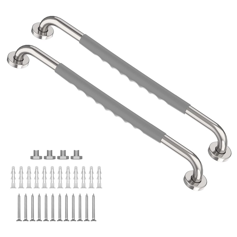 2 Pack Anti-Slip Polished Chrome Bath Grab Bar 24 Inch - 1.25 Diameter, Zepolu SUS304 Stainless Steel Safety Shower Bars w/Gray Rubber Grip, Balance Support Bar Grab Rail for Elderly Senior Handicap