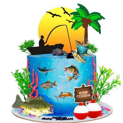 17 PCS Gone Fishing Cake Topper Fish Cake Topper Fisherman Themed Birthday Cake Decorations with Sea Bass Seaweeds (Fishing)