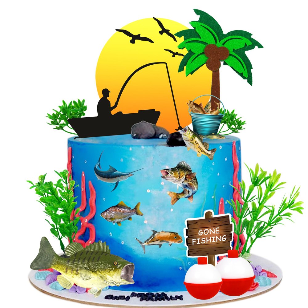 17 PCS Gone Fishing Cake Topper Fish Cake Topper Fisherman Themed Birthday Cake Decorations with Sea Bass Seaweeds (Fishing)