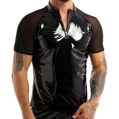 Wetlook Lingerie Men's Patent T-Shirt for Party Clubwear, black, 3XL