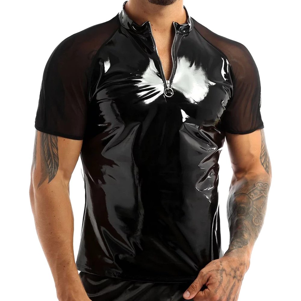 Wetlook Lingerie Men's Patent T-Shirt for Party Clubwear, black, 3XL