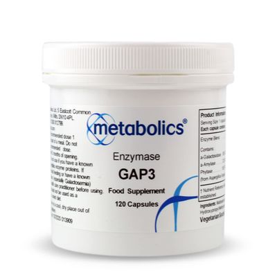 Enzymase GAP3 Digestive Enzyme 120 Vegan Capsules | Fungal Amylase, AlphaGalactosidase & Phytase Blend | Supports Carbohydrate Digestion, Reduces Bloating & Supports Mineral Absorption | UK Made