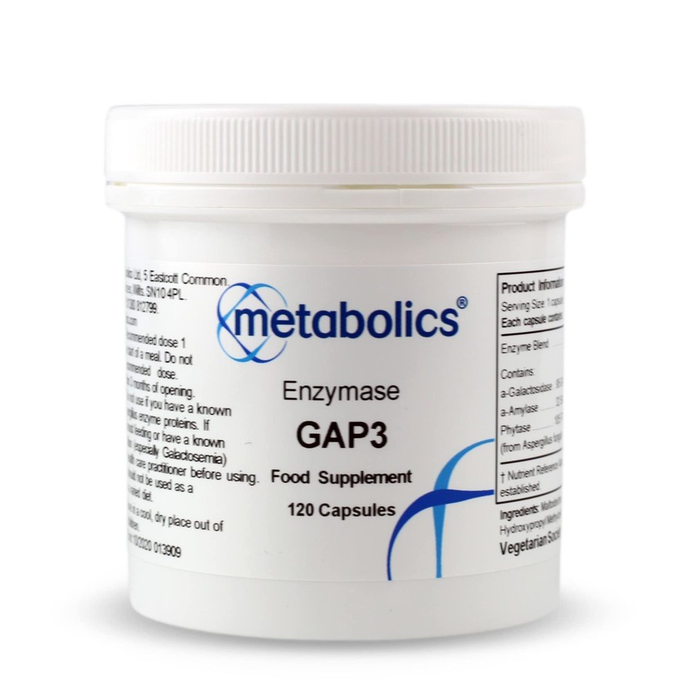 Enzymase GAP3 Digestive Enzyme 120 Vegan Capsules | Fungal Amylase, AlphaGalactosidase & Phytase Blend | Supports Carbohydrate Digestion, Reduces Bloating & Supports Mineral Absorption | UK Made