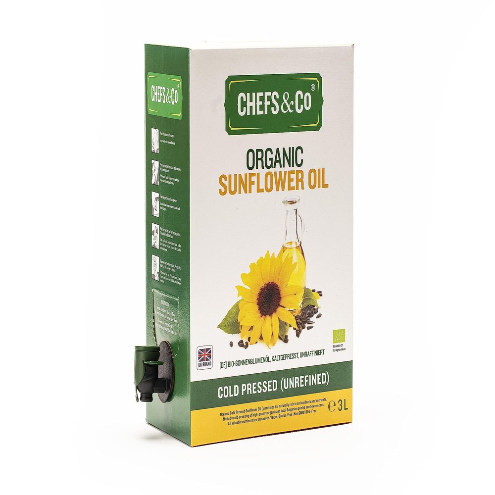 CHEFS & CO Organic Sunflower Oil | Plant-Based Oil | Ideal for Baking, Sauting & Dressings(COLD PRESSED, 3L(Pack of 1))