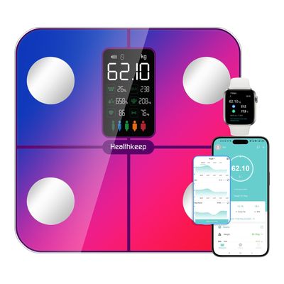 Healthkeep Body Fat Scale with Large VA Display, 15 Body Datas with Heart Rate, Smart Weight Scale Compatible with iOS & Android, Max 400lb/180kg, 28cm, Multicolored