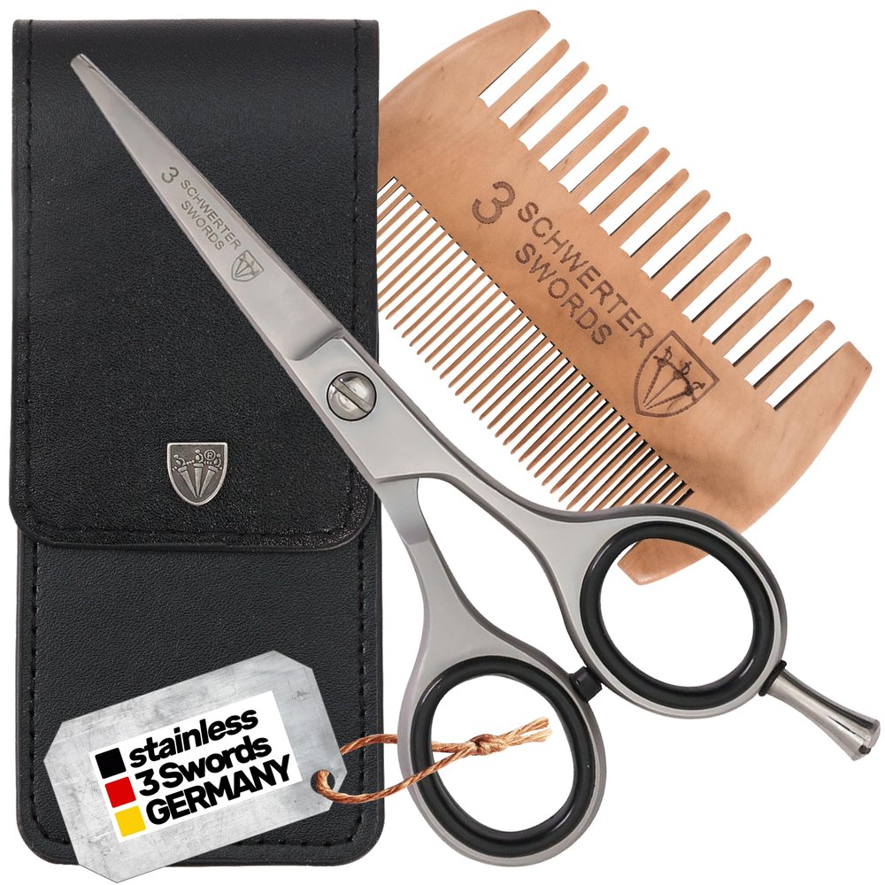 3 Swords Germany  Professional Beard Hair Scissors, Stainless Steel, Straight Blade, Sharp, with Wooden Beard Comb with case