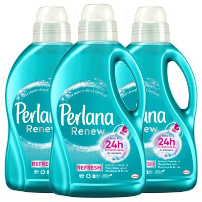 Perlana Renew Refresh Liquid Detergent for Blended and Synthetic Textiles for Washing Machine and Hand Wash Against Bad Odours, Long Lasting Freshness, 3 x 1.44 Litre Bottles