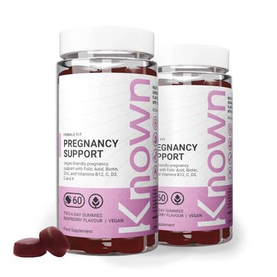 Known Pregnancy Support Gummies with 400mcg Folic Acid  Raspberry Flavour  Vegan Prenatal Multivitamin Gummy Supplement  with Vitamin D3, K, C, E, B12, Biotin & Zinc  2 Month Supply