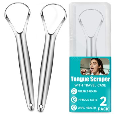 EZ COZY 2 Pack Metal Tongue Scraper for Adults, Stainless Steel Tongue Cleaner with Travel Case, Reusable Tongue Scraper for Oral Care