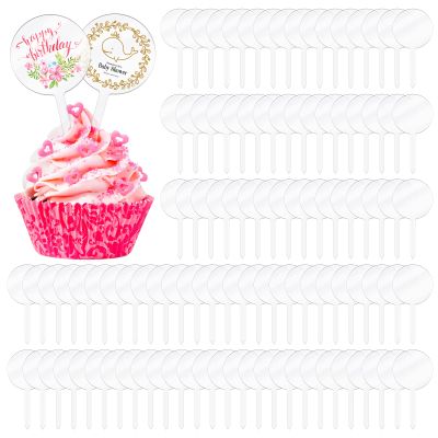 BBTO 100 Pieces 2 Inch Round Clear Acrylic Blank Cupcake Toppers Sticks for DIY Birthday Festival Party Baby Shower Wedding Party Cupcake Decoration